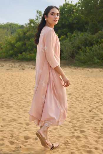 Vaayu_Pink Cotton, Muslin Scoop Neck Blossom Pintuck Dress _Online_at_Aza_Fashions