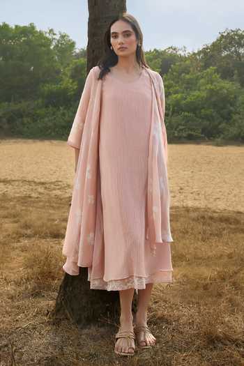 Shop_Vaayu_Pink Cotton, Muslin Scoop Neck Blossom Pintuck Dress _Online_at_Aza_Fashions