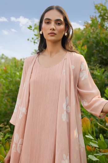 Vaayu_Pink Cotton, Muslin Scoop Neck Blossom Pintuck Dress _at_Aza_Fashions