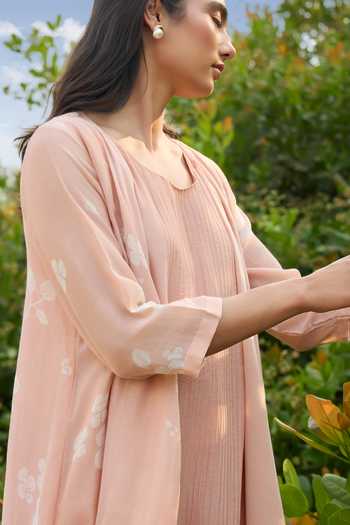 Buy_Vaayu_Pink Cotton, Muslin Scoop Neck Blossom Pintuck Dress 