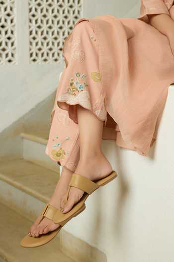 Buy_Vaayu_Pink Cotton, Muslin Round Neck Blossom Applique Work Kurta And Pant Set _Online_at_Aza_Fashions
