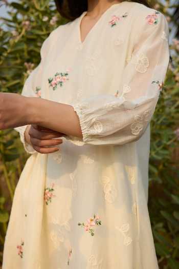 Buy_Vaayu_Ivory Cotton, Muslin V-neck Thread Embroidered Dress _Online_at_Aza_Fashions
