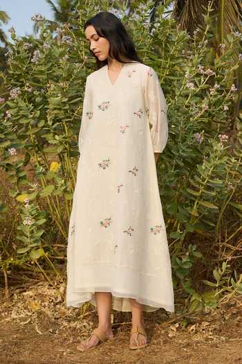 Shop_Vaayu_Ivory Cotton, Muslin V-neck Thread Embroidered Dress _Online_at_Aza_Fashions