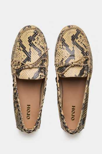 Oroh Vela Bow Top Snake Print Suede Loafers 