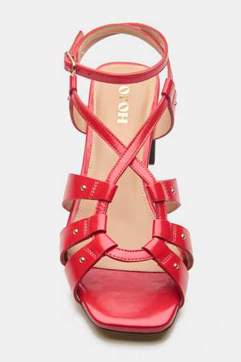 Shop Oroh Red Calypso Strappy Block Heels at Aza Fashions Shop_Oroh_Red Calypso Strappy Block Heels _at_Aza_Fashions