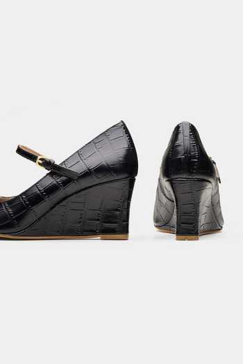 Shop_Oroh_Black Ariel Croco Embossed Leather Wedges _Online_at_Aza_Fashions
