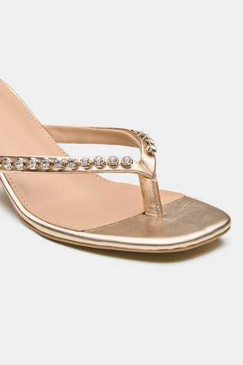 Oroh_Gold Triangular Crystal Embellished Heels _at_Aza_Fashions