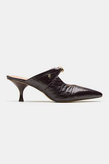 Oroh_Brown Messier Croc Embossed Mid Heel Pump Mules _Online_at_Aza_Fashions