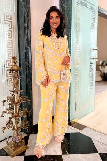 Shop Mani Bhatia Yellow Georgette, Lining Satin Cutdana, Evelyn Embroidered Jacket And Pant Set Online at Aza Fashions Shop_Mani Bhatia_Yellow Georgette, Lining Satin Cutdana, Evelyn Embroidered Jacket And Pant Set _Online_at_Aza_Fashions