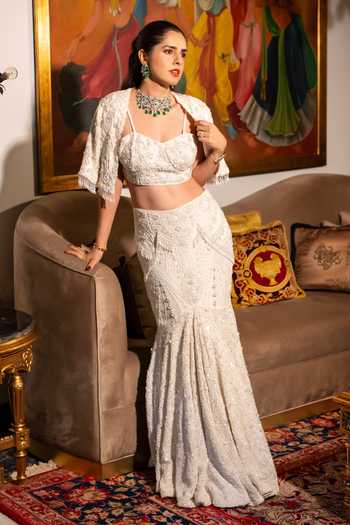 Mani Bhatia_Ivory Net, Crepe Pearls, Sequins, Cut Callista Embroidered Jacket And Lehenga Set _Online_at_Aza_Fashions