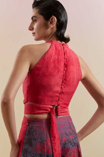 Clos_Pink Silk, Linen Halter Neck Gliss And Grey Dress _at_Aza_Fashions
