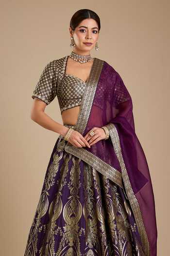 Buy_Neha Khullar_Purple Silk, Organza Sweetheart Neck Banarasi Lehenga Set _Online_at_Aza_Fashions