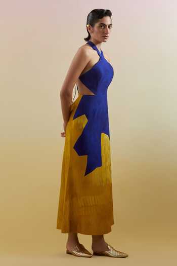 Shop_Clos_Blue Dupion, Silk Halter Neck Omen Azure And Amber Dress _Online_at_Aza_Fashions