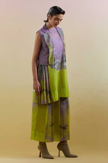 Shop_Clos_Green Silk, Linen, Cotton High , Open Gliss Printed Jacket Palazzo Set _Online_at_Aza_Fashions