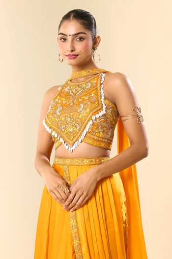 Buy_Samyukta Singhania_Yellow Georgette Embroidery, Beads Halter Neck Hand Blouse With Lehenga Saree 