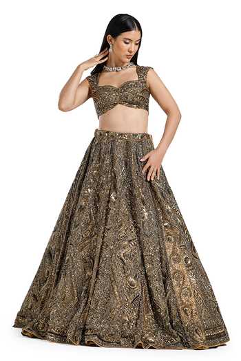 Buy_Mehar_Gold Net Sweetheart Neck Zardozi Work Lehenga Set 