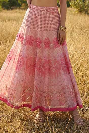 Buy_Basil Leaf_Peach Organza, Chiffon Sweetheart Neck Printed Skirt Set _Online_at_Aza_Fashions