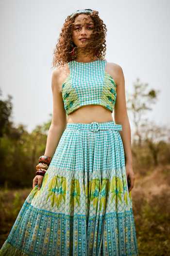 Basil Leaf_Green Chiffon Round Neck Printed Tiered Skirt Set _Online_at_Aza_Fashions