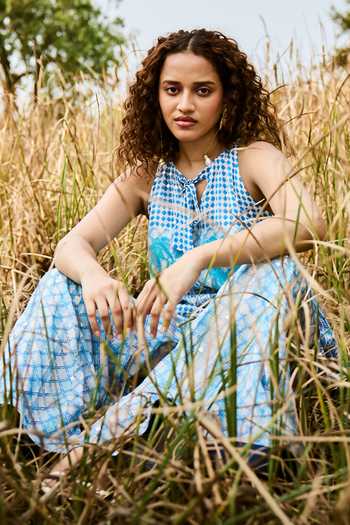 Basil Leaf_Blue Chiffon High Neck Printed Halter Top And Pant Set _Online_at_Aza_Fashions