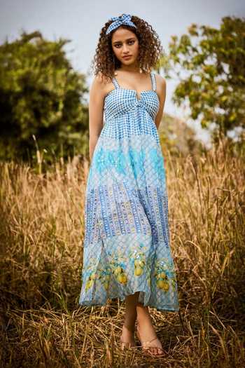 Basil Leaf Back Bow Printed Organza Dress 