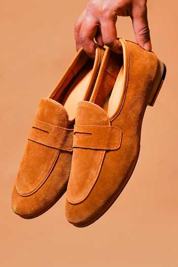 Buy_Dmodot_Brown Flexo Tabacco Penny Suede Loafers _Online_at_Aza_Fashions