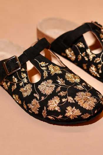 Buy_Dmodot_Black Hoffler Corko Ricamo Nero Embroidered Mules _Online_at_Aza_Fashions