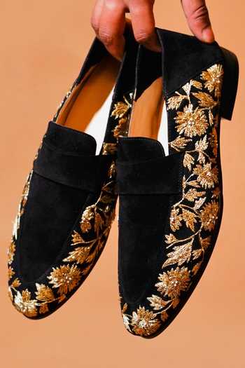 Shop_Dmodot_Black Ethnico Ricamo Oro Embroidered Loafers _Online_at_Aza_Fashions