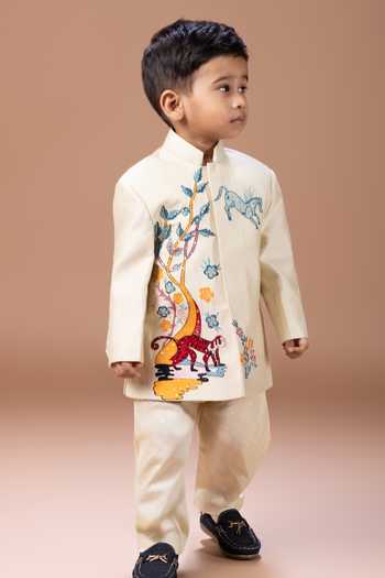 Little Brats_Beige Silk, Cotton Embroidered Sherwani Set _Online_at_Aza_Fashions