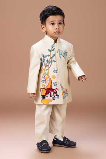 Buy_Little Brats_Beige Silk, Cotton Embroidered Sherwani Set _Online_at_Aza_Fashions