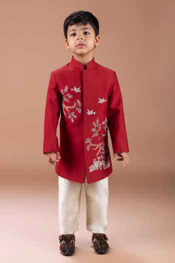 Little Brats_Maroon Silk, Cotton Sherwani And Pyjama Set _Online_at_Aza_Fashions
