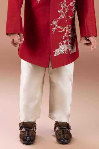Buy_Little Brats_Maroon Silk, Cotton Sherwani And Pyjama Set _Online_at_Aza_Fashions