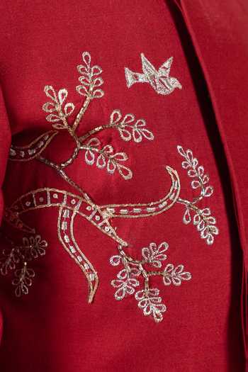 Shop_Little Brats_Maroon Silk, Cotton Sherwani And Pyjama Set _Online_at_Aza_Fashions
