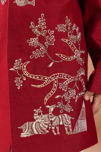 Little Brats_Maroon Silk, Cotton Sherwani And Pyjama Set _at_Aza_Fashions