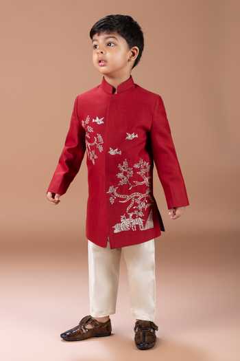 Shop_Little Brats_Maroon Silk, Cotton Sherwani And Pyjama Set 