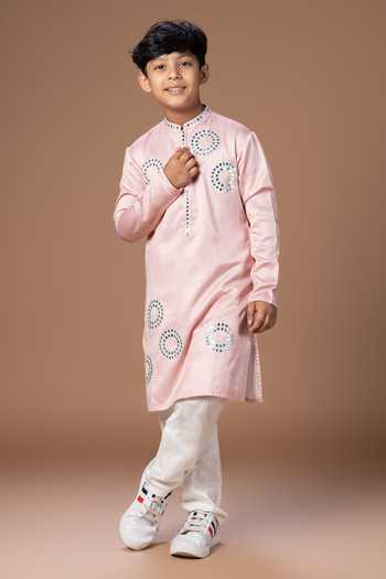 Little Brats_Pink Silk, Cotton, Satin Embroidered Kurta And Pyjama Set _Online_at_Aza_Fashions