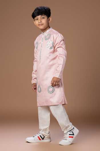 Buy_Little Brats_Pink Silk, Cotton, Satin Embroidered Kurta And Pyjama Set _Online_at_Aza_Fashions