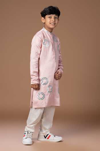 Shop_Little Brats_Pink Silk, Cotton, Satin Embroidered Kurta And Pyjama Set _Online_at_Aza_Fashions