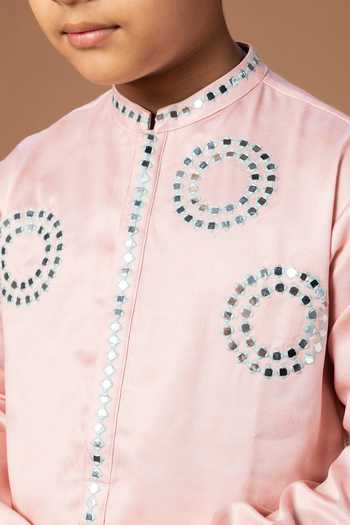 Little Brats_Pink Silk, Cotton, Satin Embroidered Kurta And Pyjama Set _at_Aza_Fashions
