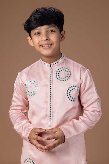 Shop_Little Brats_Pink Silk, Cotton, Satin Embroidered Kurta And Pyjama Set 
