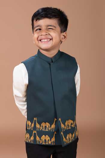 Little Brats_Cream Cotton Embroidery Giraffe Bundi And Pant Set _Online_at_Aza_Fashions