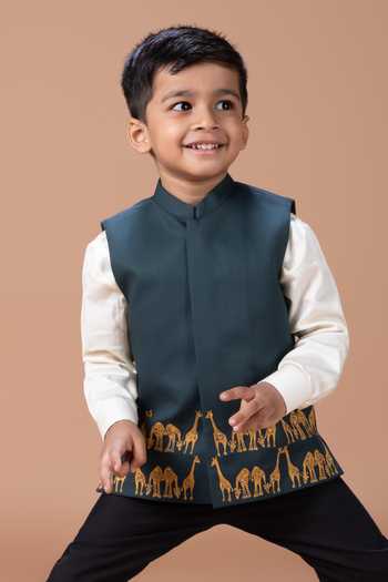Buy_Little Brats_Cream Cotton Embroidery Giraffe Bundi And Pant Set _Online_at_Aza_Fashions