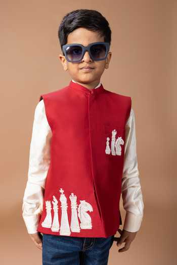 Little Brats_Cream Cotton Chess Embroidered Bundi And Pant Set _Online_at_Aza_Fashions