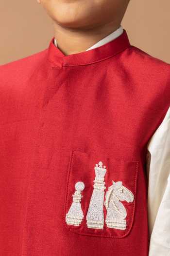 Buy_Little Brats_Cream Cotton Chess Embroidered Bundi And Pant Set _Online_at_Aza_Fashions