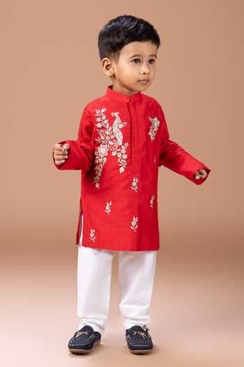 Little Brats_Red Silk, Cotton Peacock Embroidered Kurta And Pyjama Set _Online_at_Aza_Fashions