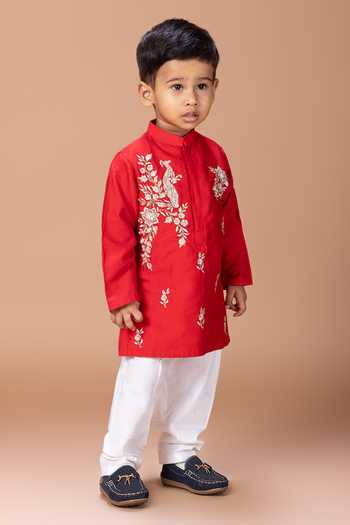 Buy_Little Brats_Red Silk, Cotton Peacock Embroidered Kurta And Pyjama Set _Online_at_Aza_Fashions