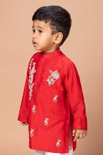 Shop_Little Brats_Red Silk, Cotton Peacock Embroidered Kurta And Pyjama Set _Online_at_Aza_Fashions