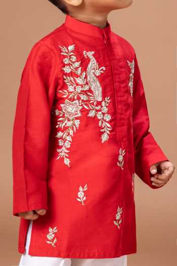 Little Brats_Red Silk, Cotton Peacock Embroidered Kurta And Pyjama Set _at_Aza_Fashions