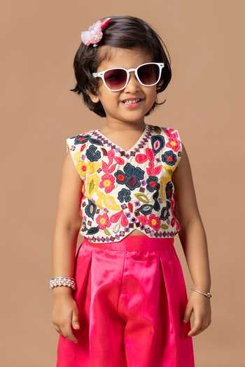 Little Brats_Beige Silk, Cotton Embroidered Blouse And Palazzo Set _Online_at_Aza_Fashions