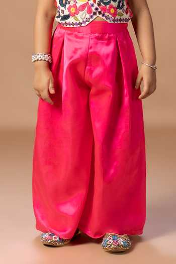 Buy_Little Brats_Beige Silk, Cotton Embroidered Blouse And Palazzo Set _Online_at_Aza_Fashions