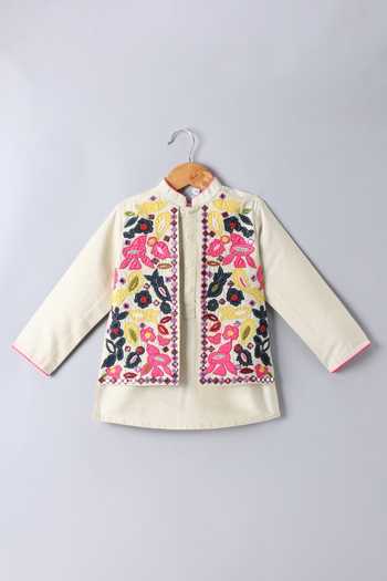 Little Brats_Beige Silk, Cotton Floral Applique Embroidered Kurta Set _Online_at_Aza_Fashions